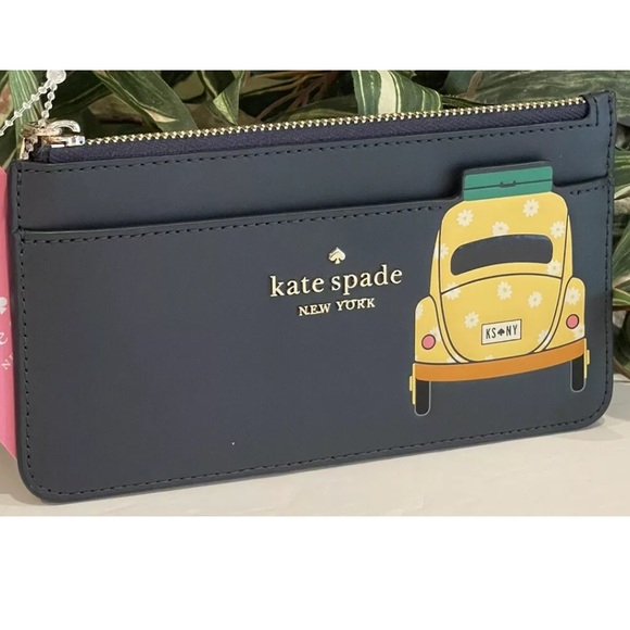 KATE SPADE BEEP BEEP LARGE SLIM CARD HOLDER WALLET VW BUG YELLOW CAR NAVY BLUE - Picture 3 of 7